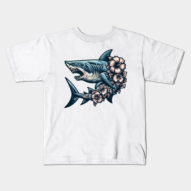 Hawaiian Style Fierce Thrashing Shark Kids T-Shirt by Organicgal Graphics